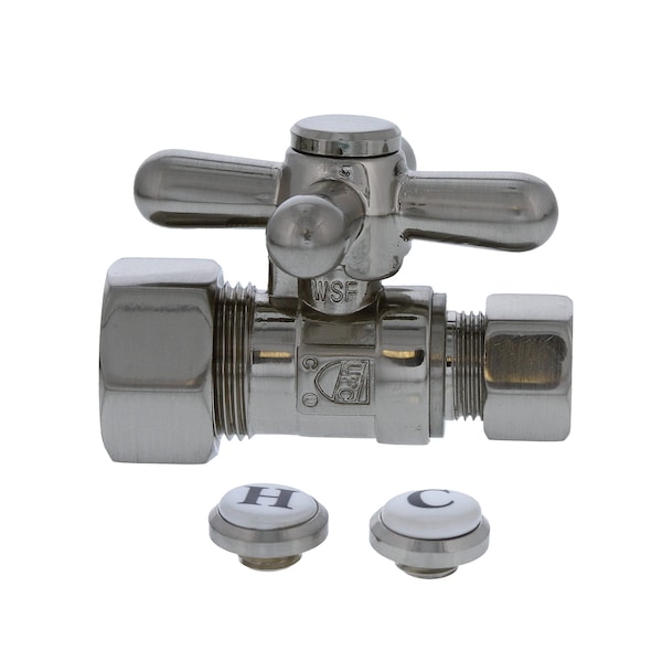 5/8in OD Comp x 3/8in OD Comp Quarter-Turn Straight Supply Stop Valve, Cross Handle, Brushed Nickel